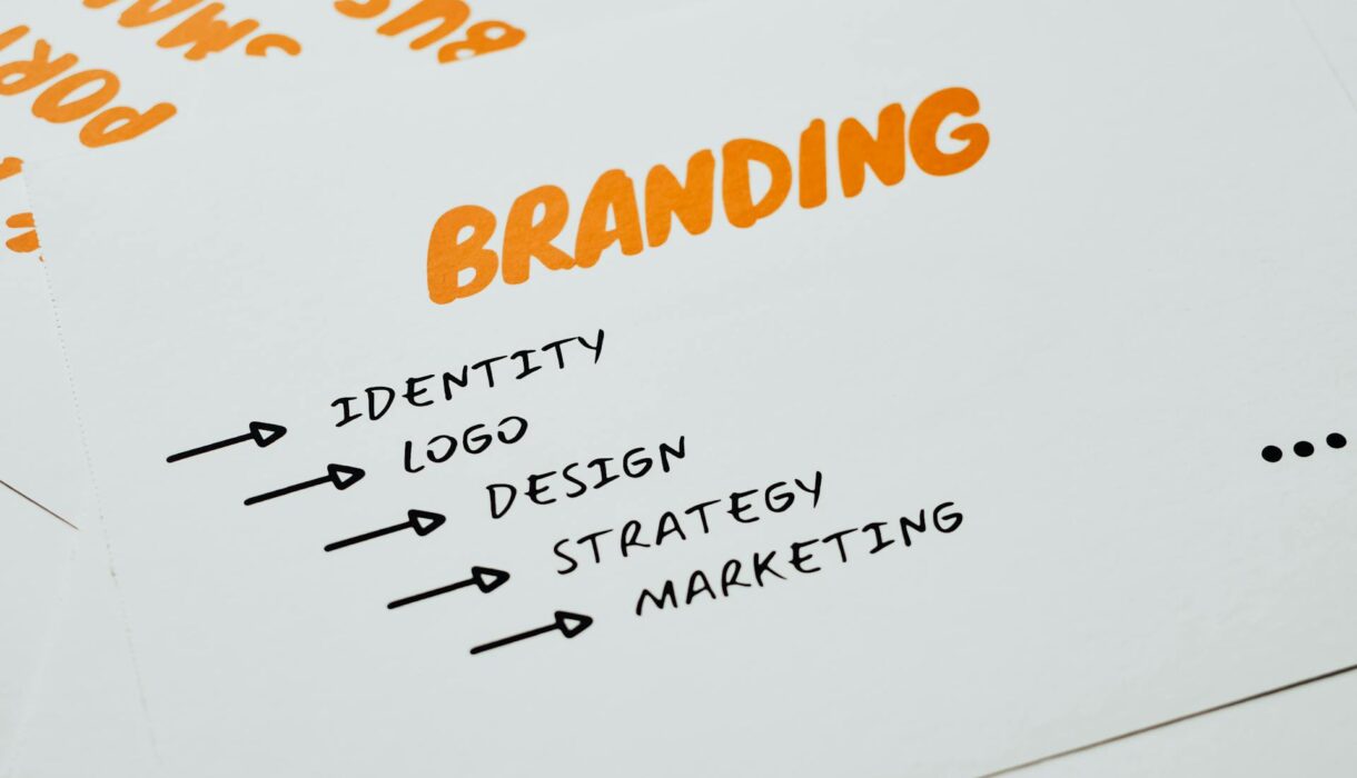 Branding, identity, logo, design, strategy, and marketing words on a white background representing strong visual branding for ministries.